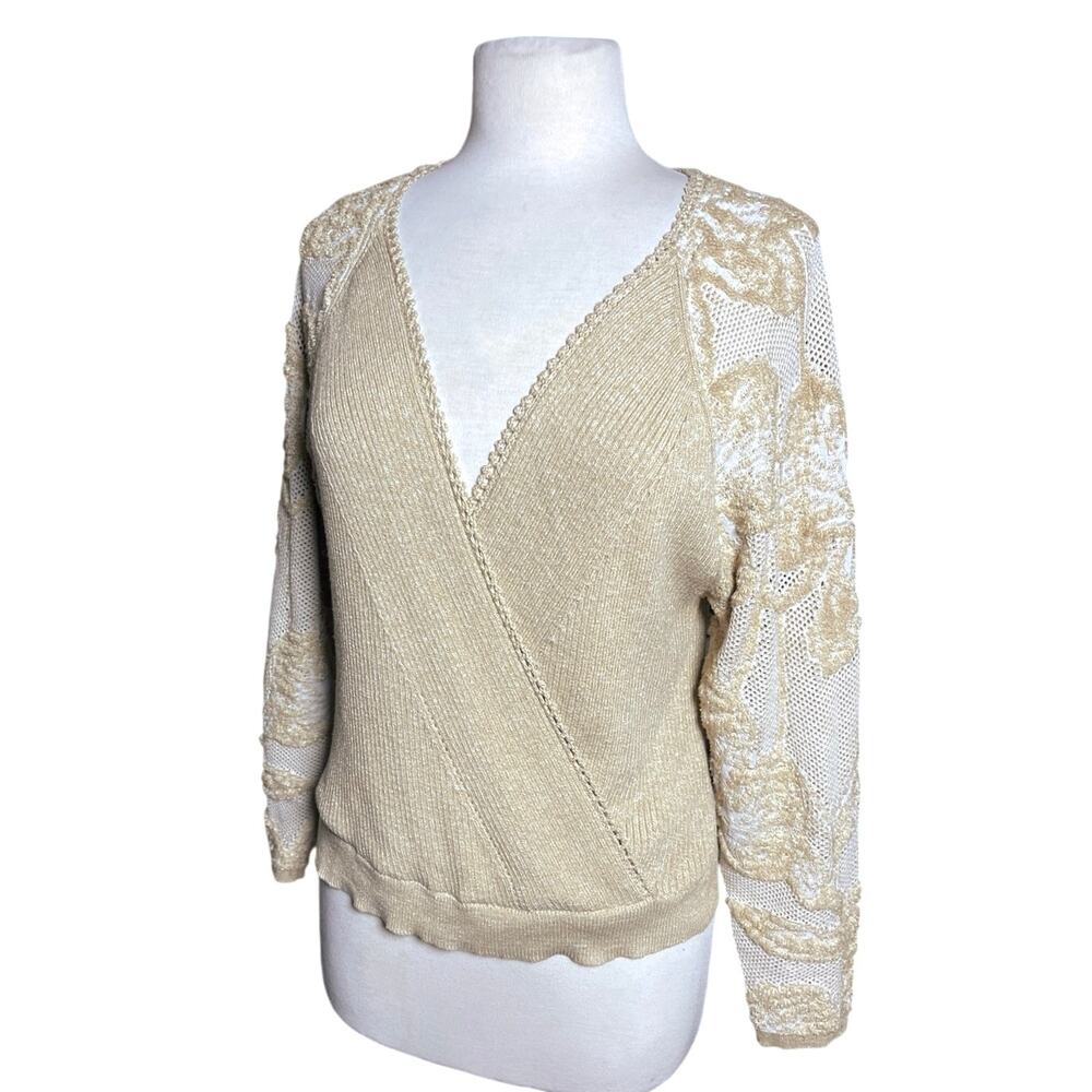 ANTHROPOLOGIE Women’s Tan Surplice Burnout Lace Sweater Knit Top - Picture 6 of 7